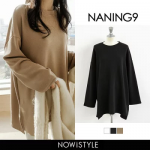 【SALE】NANING9(ナンニング)起毛ボックスTシャツ【1/8up_go】韓国 韓国ファッション　起毛Tシャツ ゆったり Tシャツ 無地 トップス 起毛 カットソー 長袖 カジュアル ゆったりTシャツ ルーズフィット 無地T チュニック ナンニング レディース【あす楽】